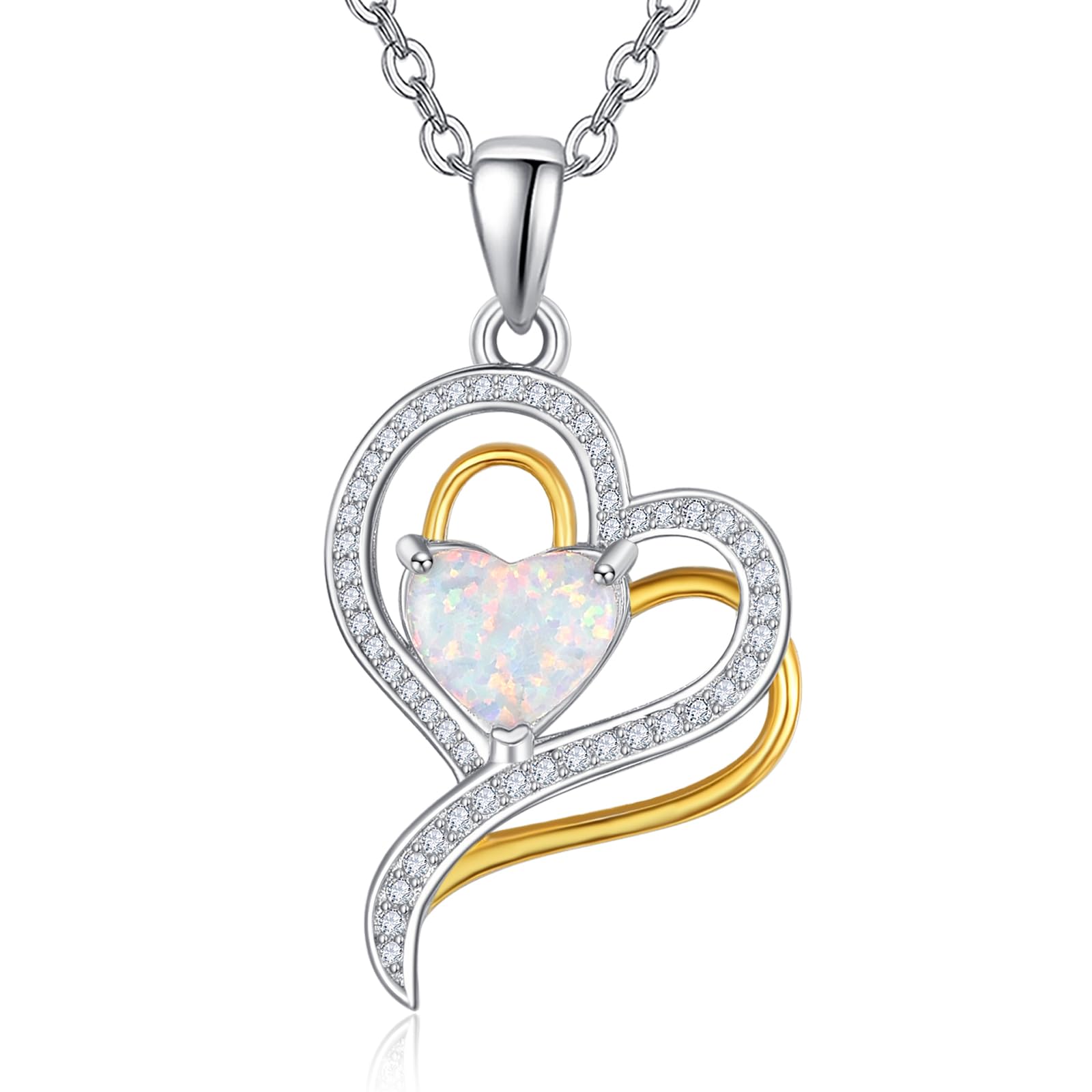 TANGPOET Collar de ópalo de plata de ley 925 con colgante de corazón, Regalos Mujer, Joyería de cumpleaños para mujeres y niñas, Plata esterlina