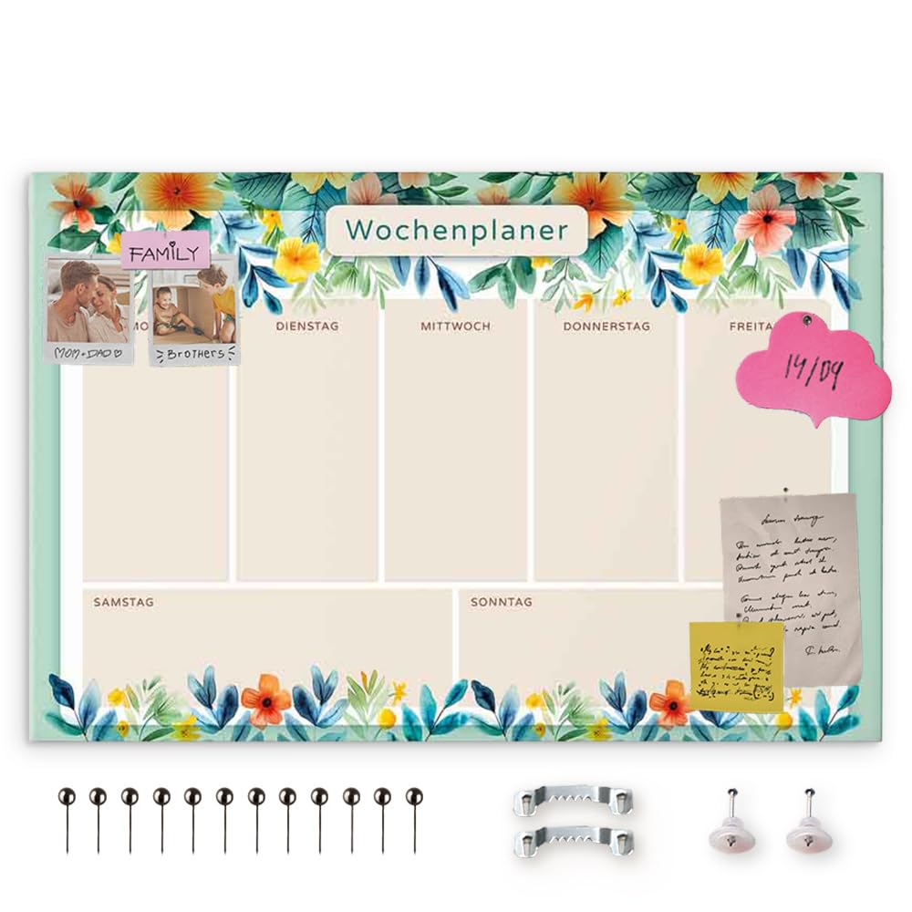 decomonkey Canvas Planner Pin Board with 50 pins - 47.2" x 31.5" / 120x80 cm Fibreboard Push pin Wall Art - Bedroom Office Living Room - Weekly Planner with Flowers German