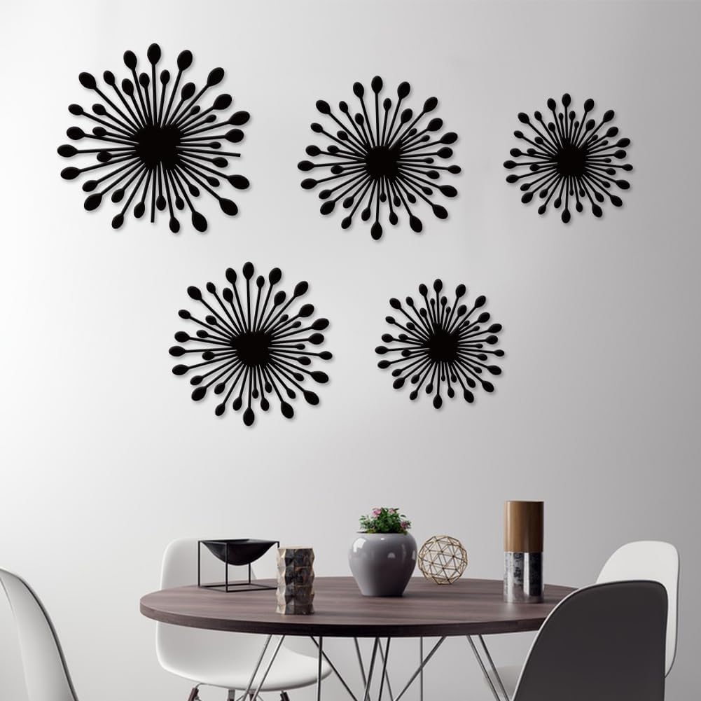 ACRNIGHEET 5 Pcs Black Metal Wall Decor 3D Black Wall Art Dandelion Hanging Morden Artwork Wall Sculptures Decorations for Living Room Bedroom