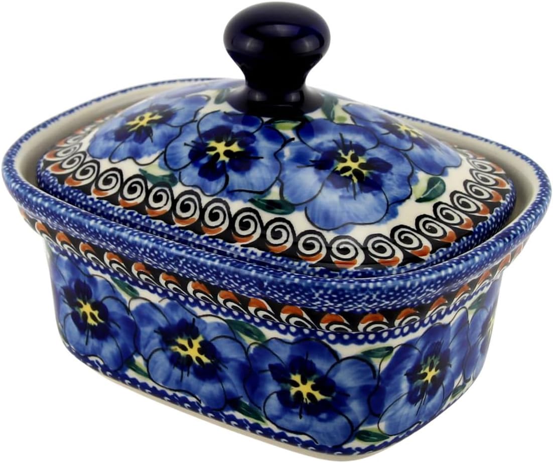 Polish Pottery Market Butter Tub with Lid from Zaklady Boleslawiec, Dimension 4 x 5.75"- Perfect To Keep Your Butter Soft