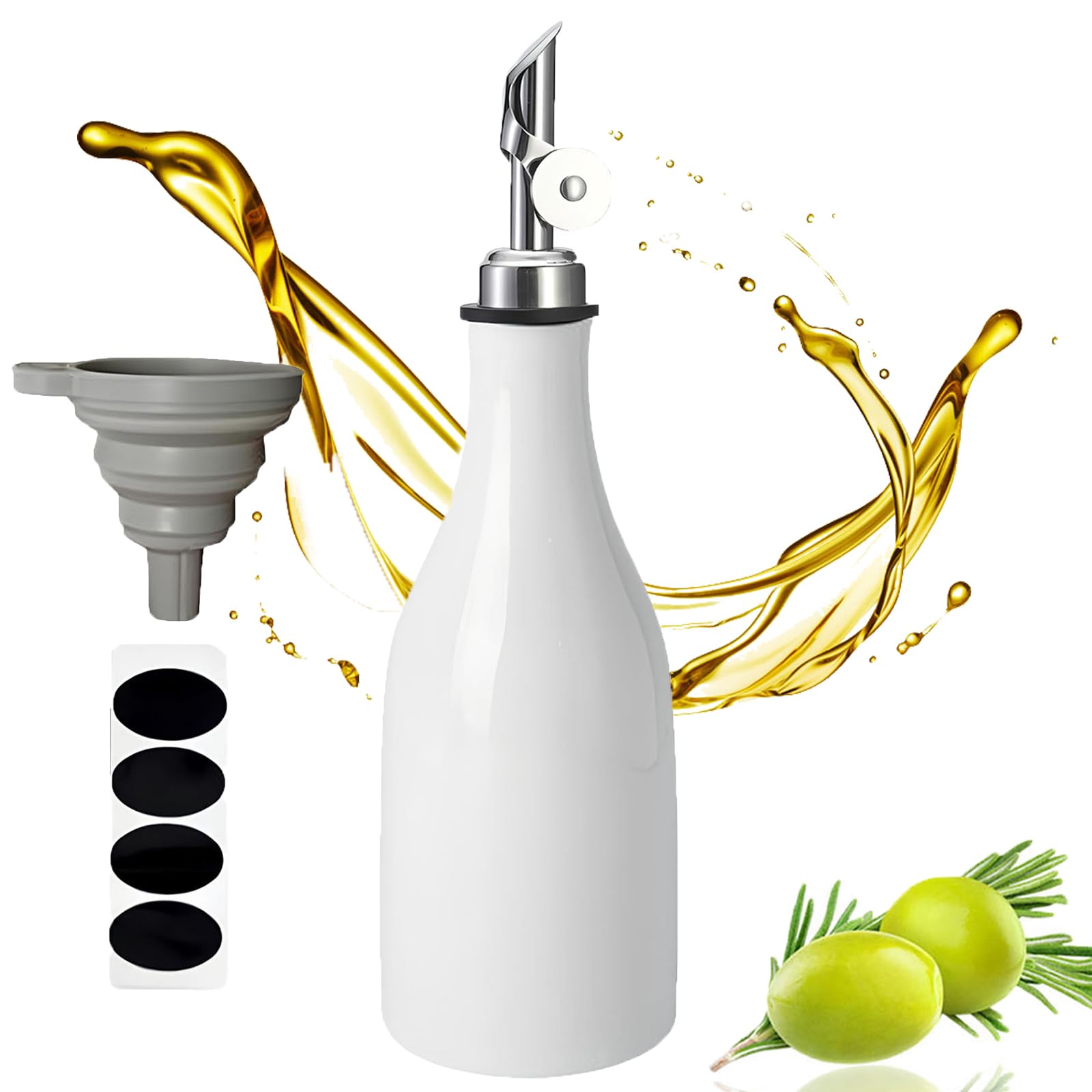 Qivine Oliera Salvagoccia, 300ml Bottiglia Per Olio In Ceramica, Bottiglia Olio Con Beccuccio, Imbuto E Etichette, Facile Da Pulire, Per Cucina, BBQ, Insalate, Bianco