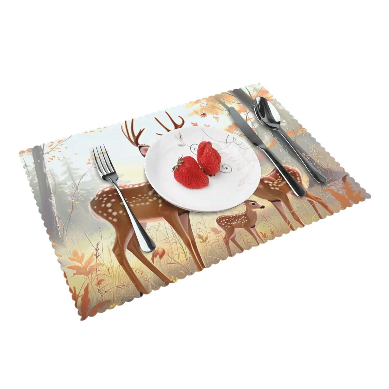 Cute Deers Printed Placemat Heat Resistant Place Mats Set of 4 PCS Washable Kitchen Table Mats, 12x18 Inch