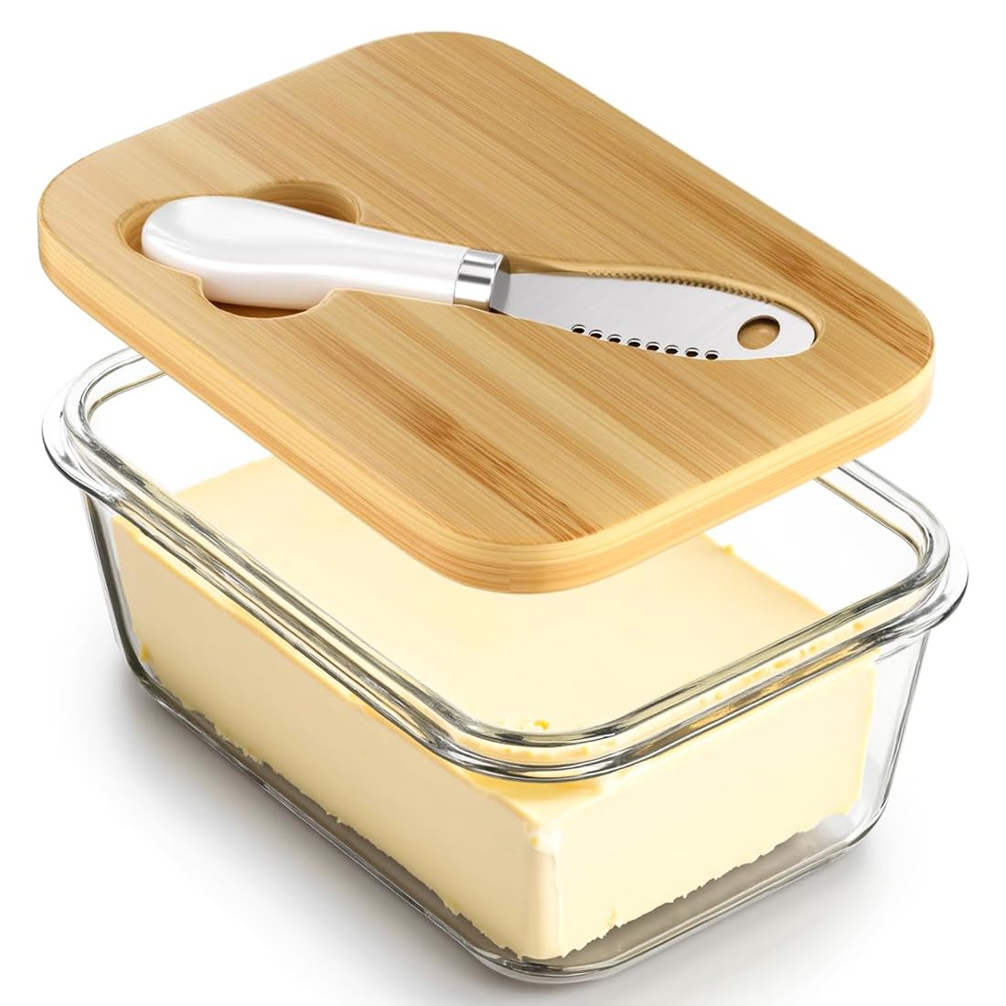 CTRLZS Glass Butter Dish with Bamboo Lid and Integrated Knife, Airtight Seal for Freshness, for Countertop& Refrigerator Storage Ideal