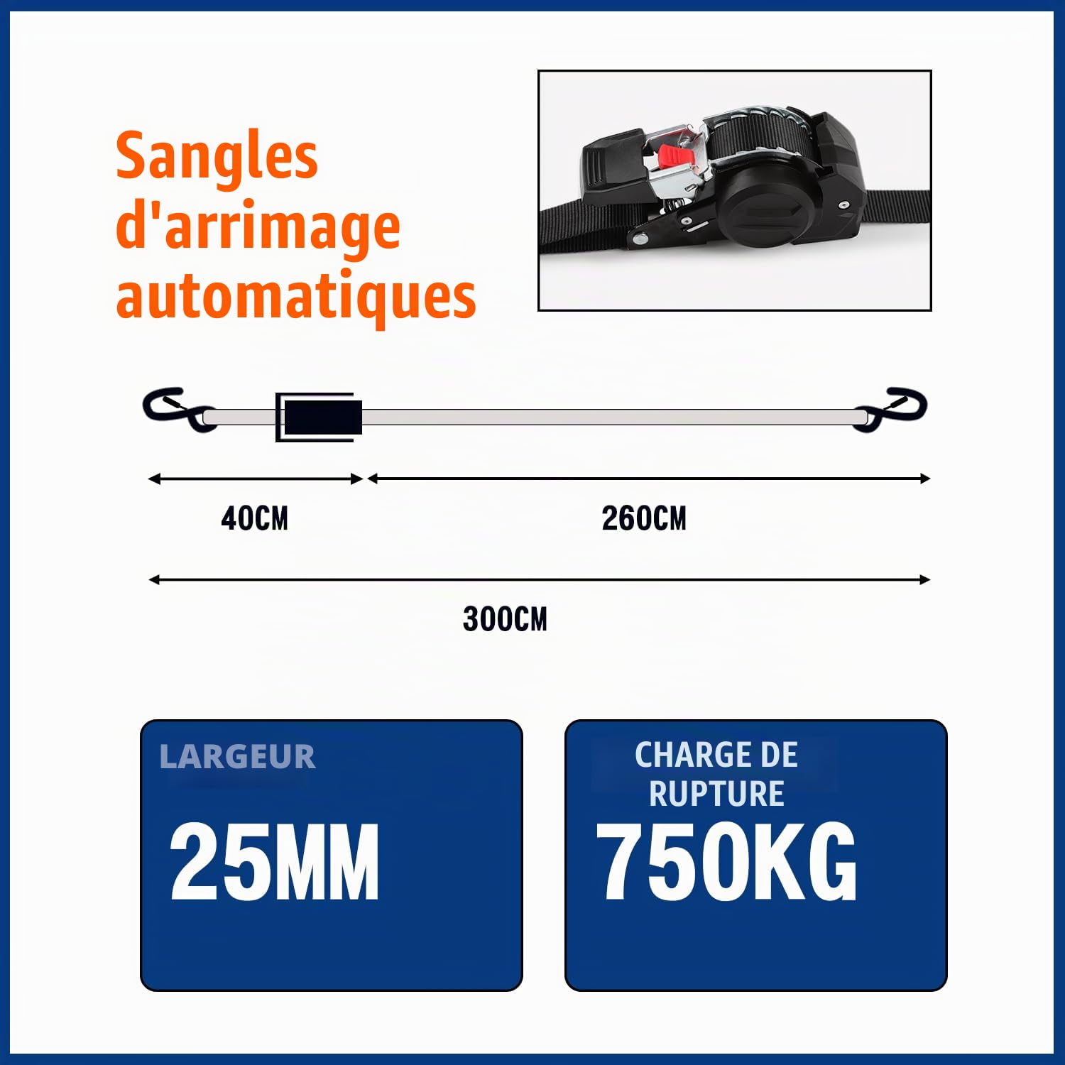 Lot de 4 Sangles à cliquet Automatique 3m x 25mm avec Crochets en S | 750kg Charge de Rupture | D'arrimage à rétraction Automatique pour Moto, remorque, Camion - Noir