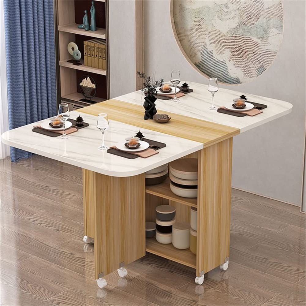LAKIQ Modern Folding Dining Table with Wheels and 2Layer Storage Shelf