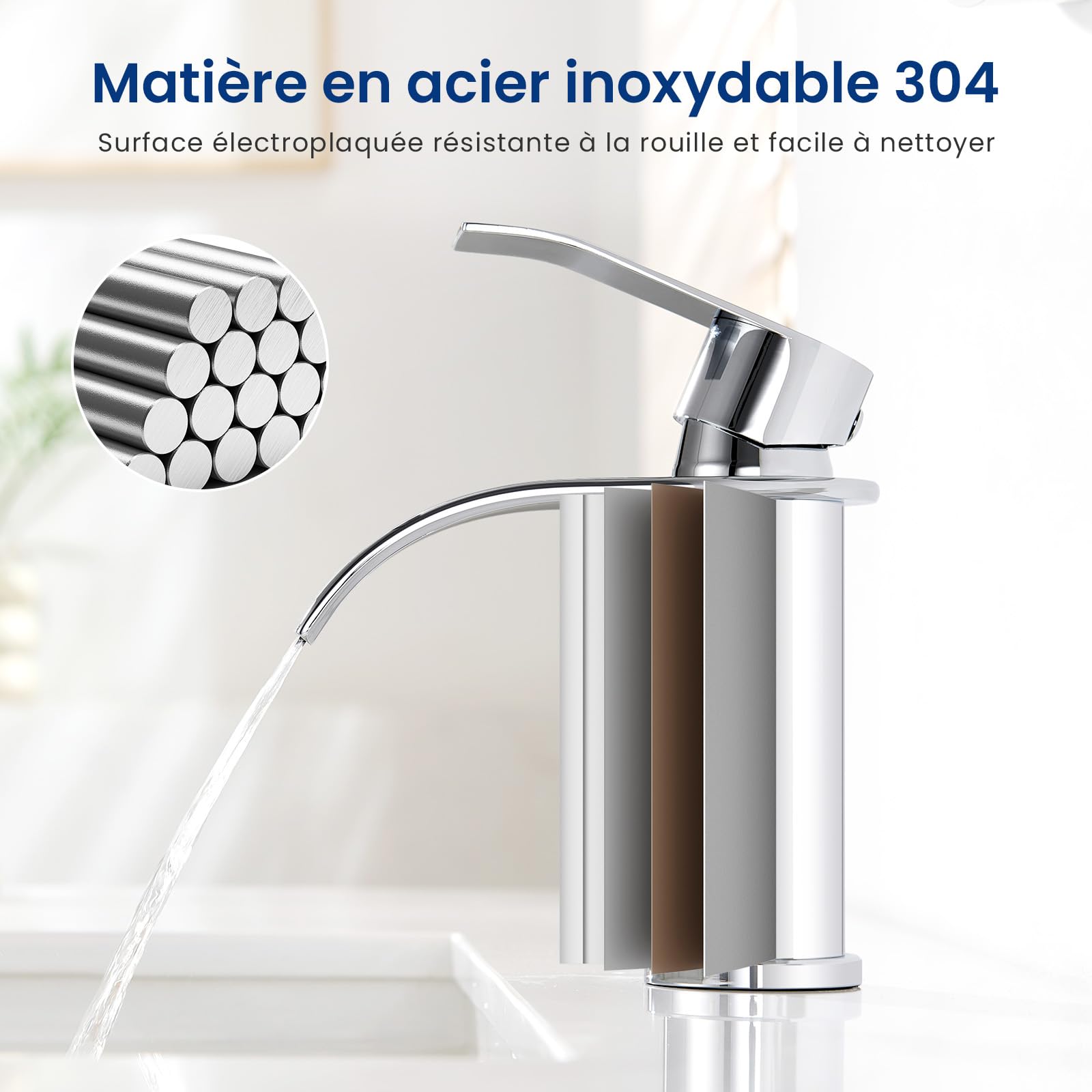 CECIPA Robinet Salle Bain, Moderne Mitigeur Lavabo Cascade, Hauteur de Bec 86 mm, Robinetterie Chromé G 3/8, Eau Chaude et Froide Disponible, Acier Inoxydable