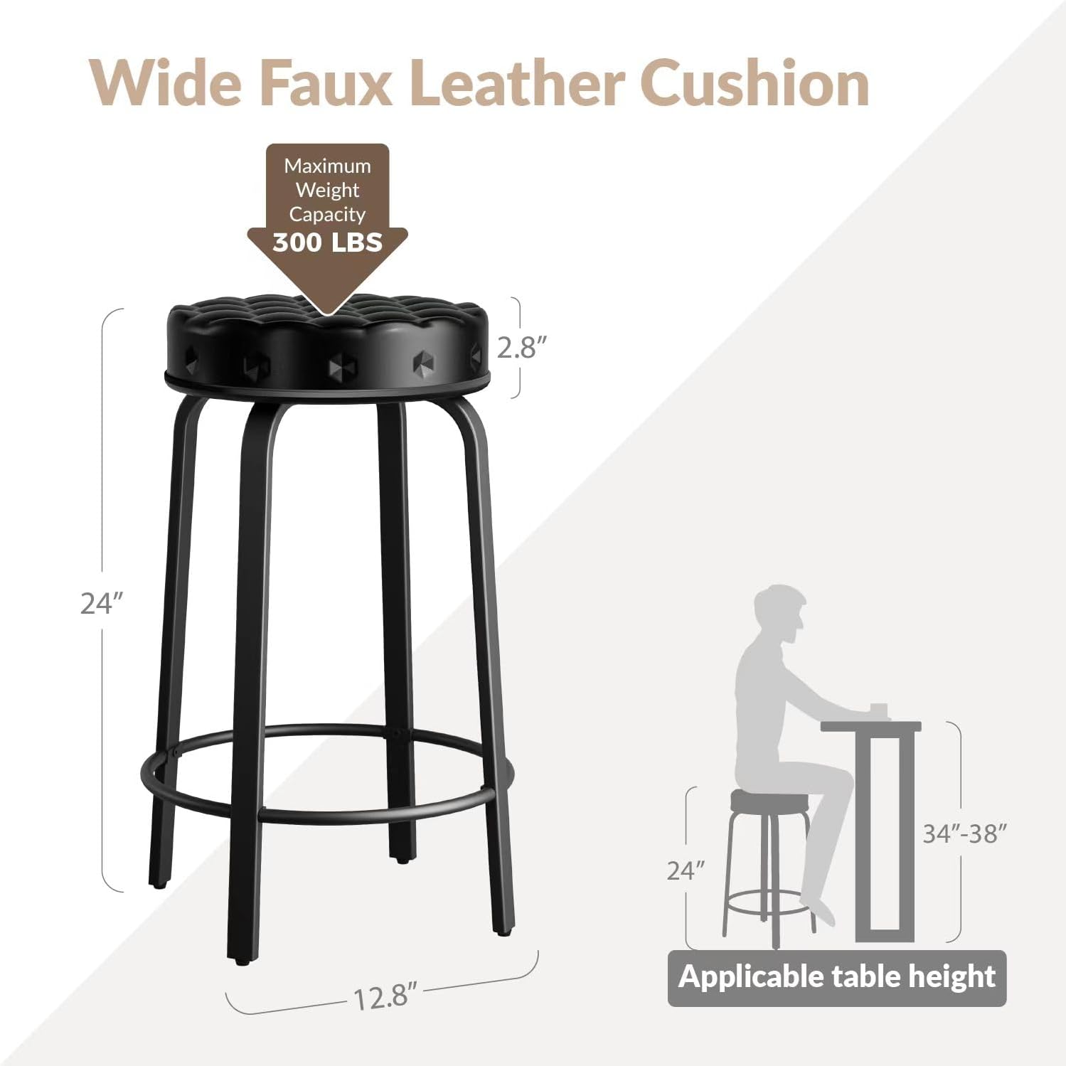 Sofeya Bar Stool Set of 2, 24 Inch Bar Stools PU Leather Counter Height Bar Stool Set, Stackable Backless Round Upholstered Stool Chairs for Kitchen Island, Dining Room and Coffee Shop, Black