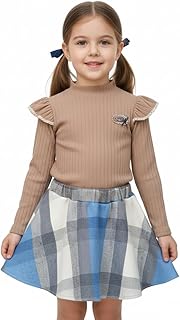 طقم بناتي أنيق للأطفال، بلوزة ريب بني وتنورة كاروه كلوش، مقاس 2-10 سنوات، قماش قطن وكتان