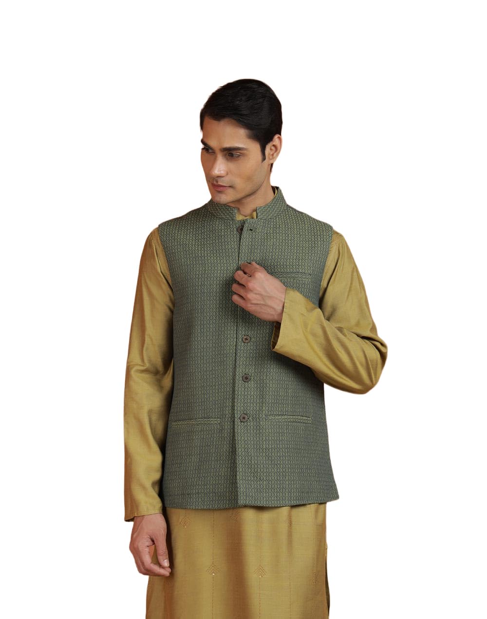 fabindia Green Cotton Dobby Nehru Jacket-picture-18