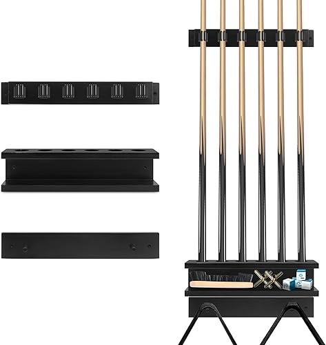 Miniatura 1 de Soporte de pared para palos de billar, soporte para 6 palos de piscina y accesorios de billar, estilo rústico (negro - con estante de bolas)