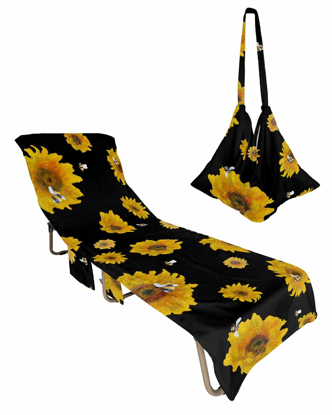 Sunflower Black Beach Lounge Chair Towel Cover, Soft Chaise Lounge Towel with Side Pockets Patio Pool Chairs Cover for Beach/Pool Sunbathing 29x85 Abstract Painting Bee Summer Spring