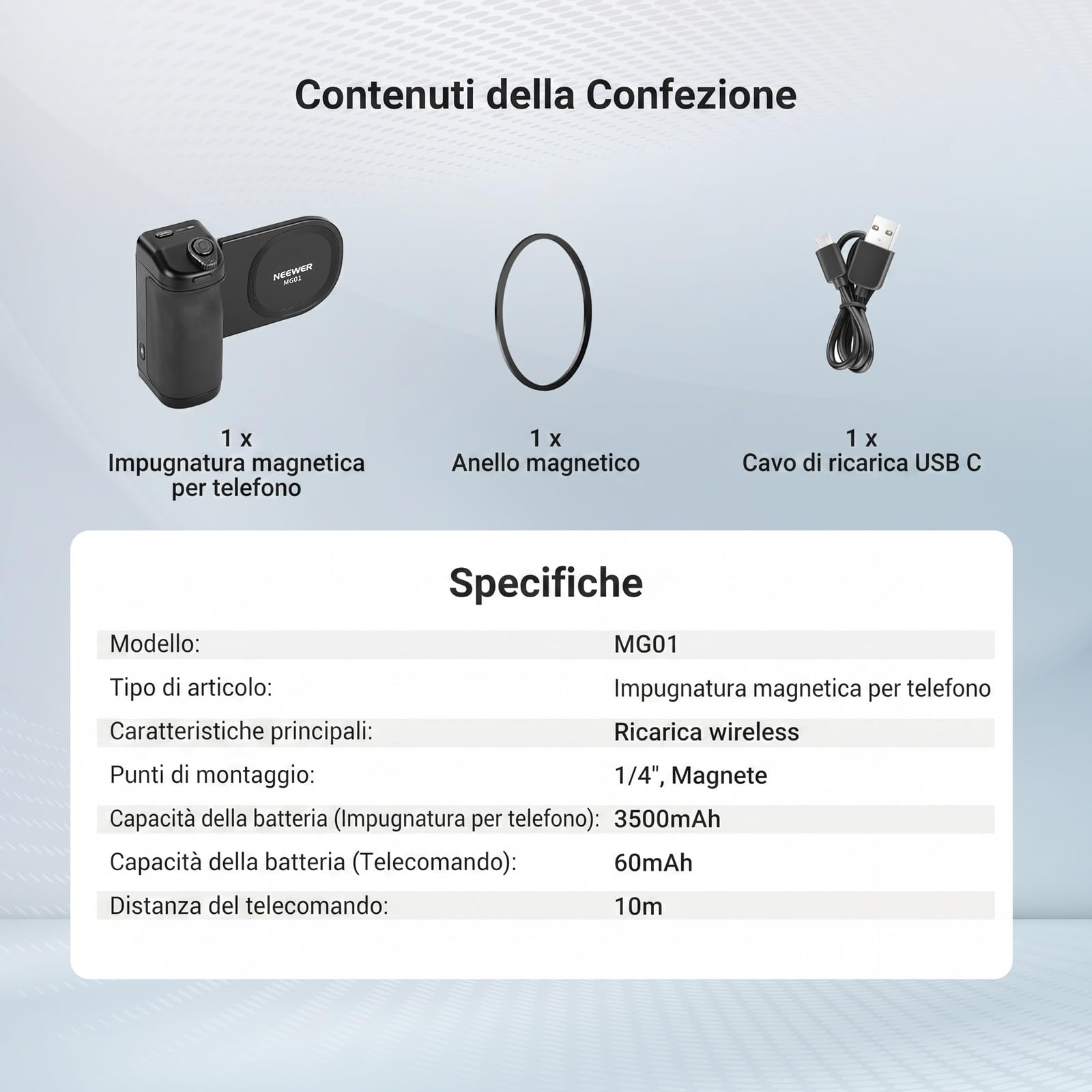 NEEWER Impugnatura Magnetica per Fotocamera Telefono Compatibile con MagSafe iPhone Samsung Ricarica Wireless, Grip Ergonomica con Batteria 3500mAh e Telecomando Rimovibile per Video Treppiede, MG01