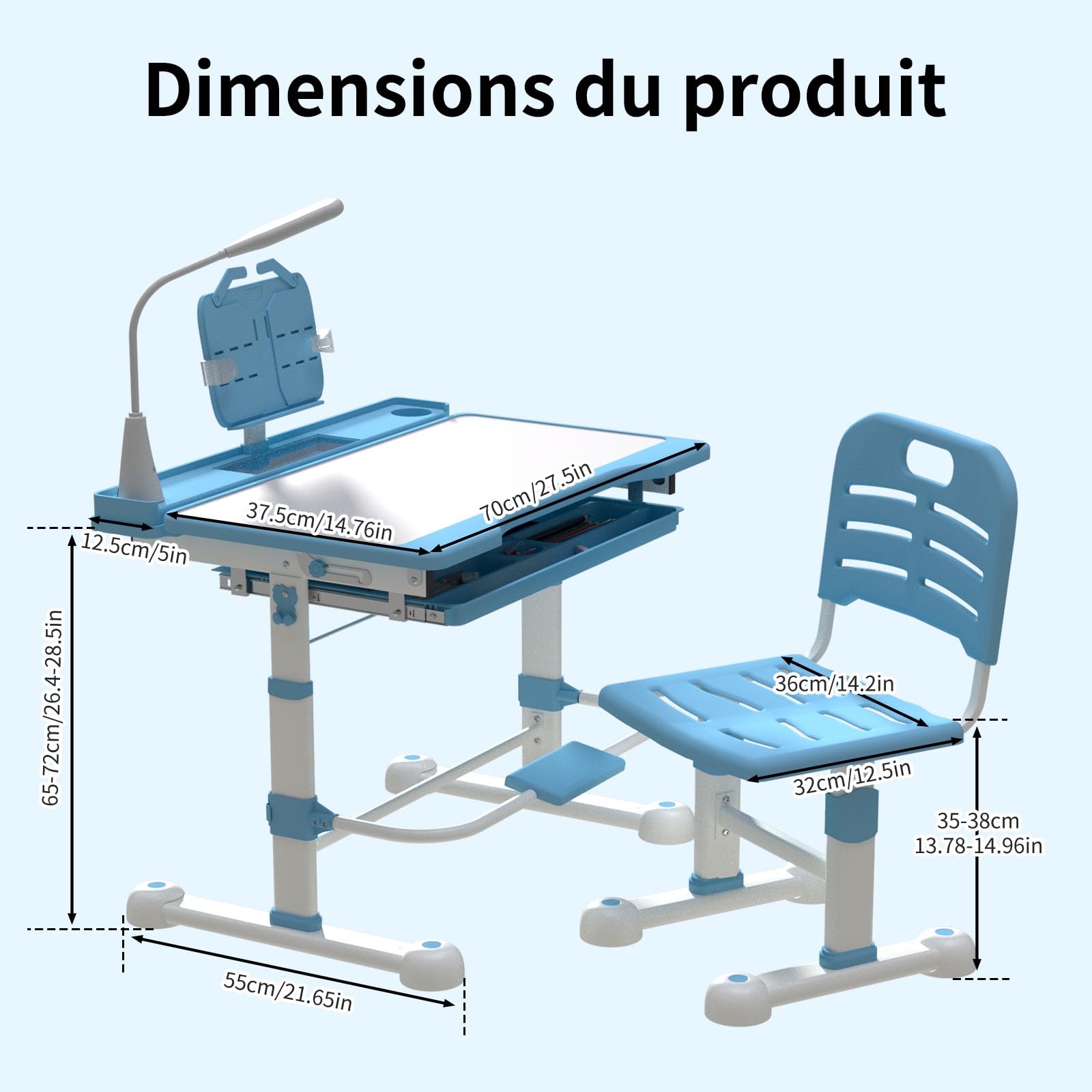 YLGJ&TIDY Ensemble de Table et de Chaises pour Enfants avec Lampe LED de Protection des Yeux, Bureau Enfant, Hauteur Réglable, Plateau Inclinable, Tiroir Multifonctions, Porte-Gobelet, Bleue