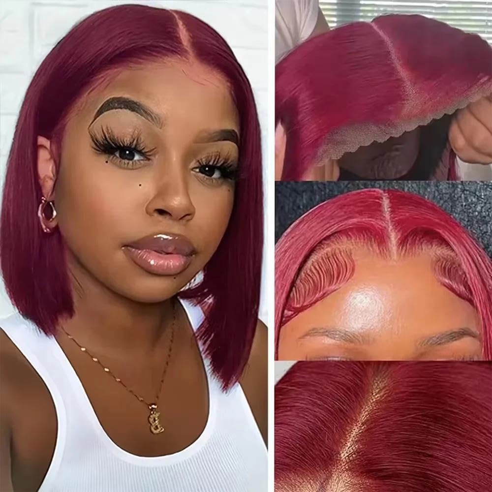 Haarpflege Burgunderrote Kurze Gerade Bob-Perücke HD-Transparent Mit Spitze Vorne Vorgezupft 100% Echthaar(180%,10inches)