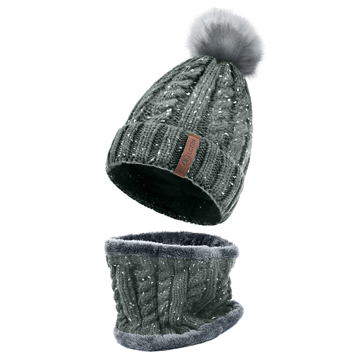 LCZTN Womens Pom Beanie Hat Scarf Set Girls Cute Winter Ski Hat Slouchy Knit Skull Cap with Fleece Lined