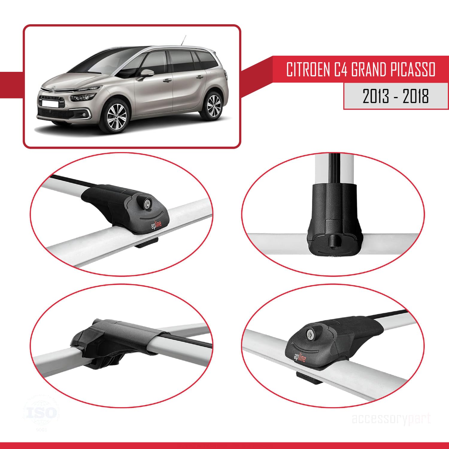 Compatible con Citroen C4 Grand Picasso 2013-2018 Modelo Ace-1 Barra de Techo Auto Portaequipajes Barras Transversales Gris Aluminio 2 Barras