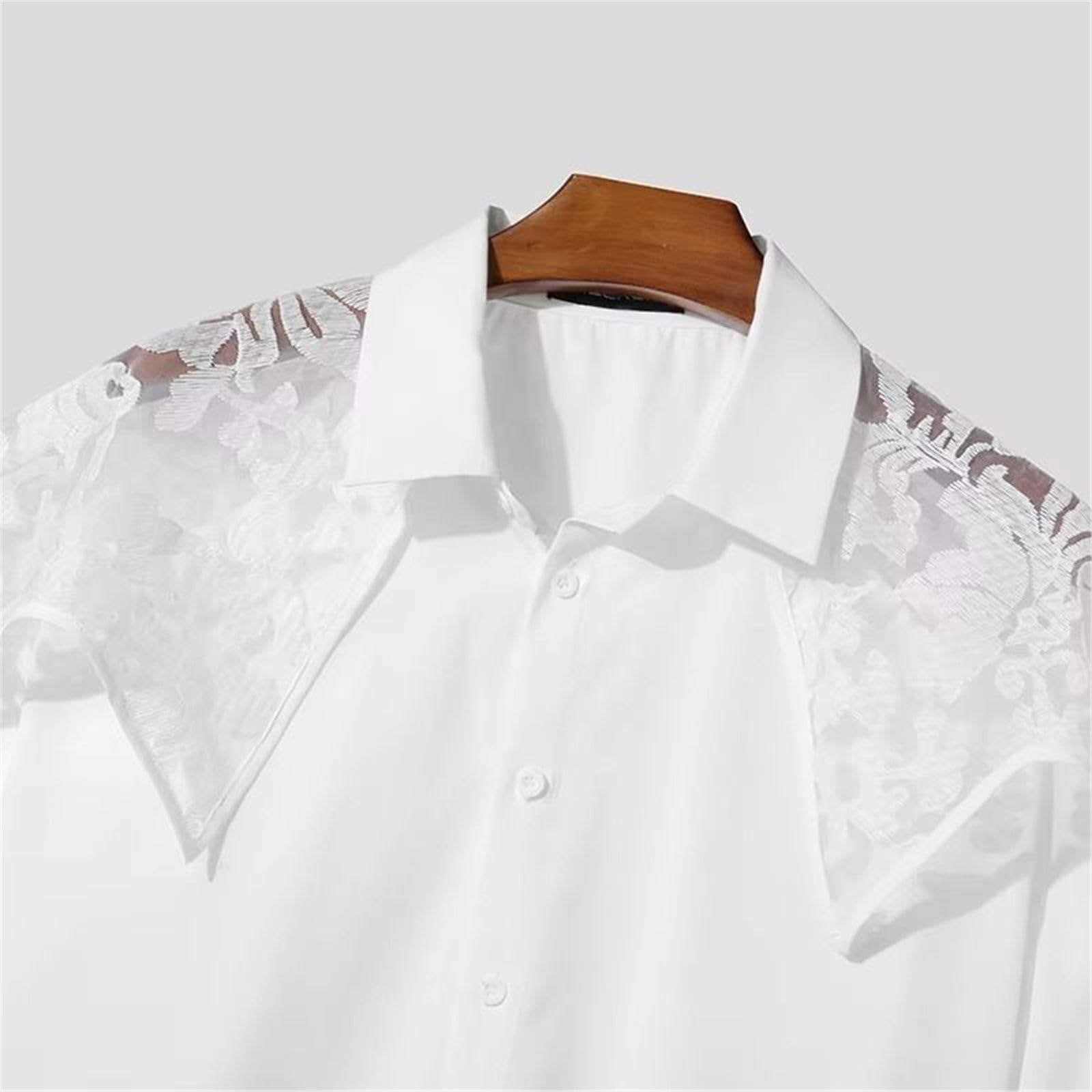 Chemise Homme Dentelle Patchwork, Transparente Ample Sexy Manches Courtes été