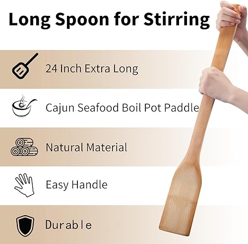 Miniatura 2 de Cucharas de bambú de mango largo de 24 pulgadas, palitos de madera extra anchos para cocina, espátula plana de bambú para cocinar cangrejos cajún y