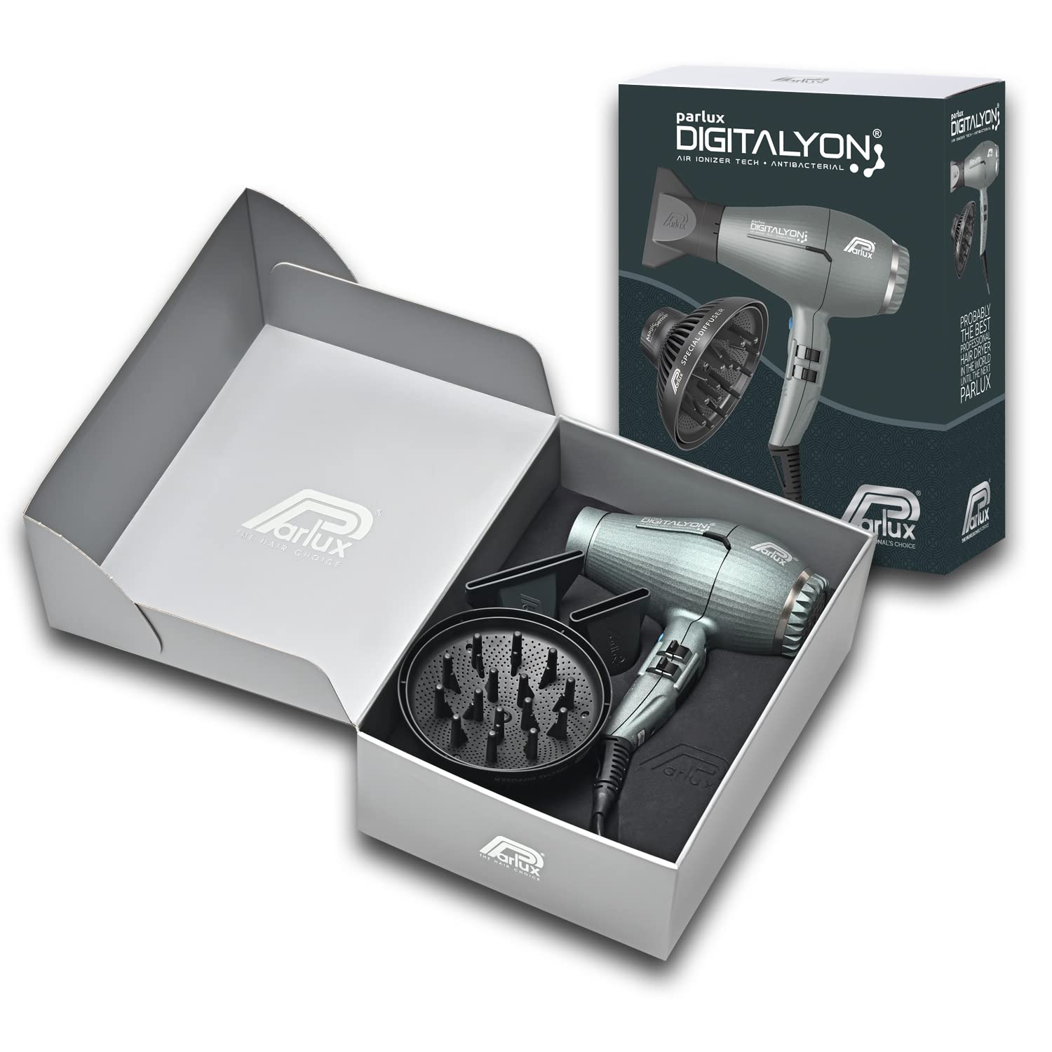 Pack Parlux Digitalyon con Difusor Magic Sense, Secador de cabello profesional con iones negatrivos, Muy ligero y potente, Fabricado en Italia, Color gris glitter