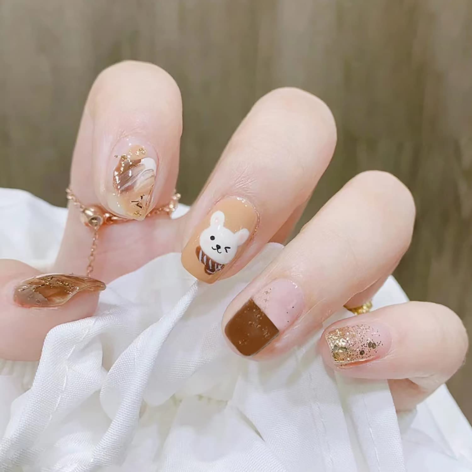 Press on Nails Short Square Length Full Cover Reusable False Nails Kits, Glue on Nails with Cute Rabbit Designs Artificial Glossy Fingernails Acrylic