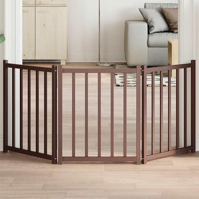 Foto 2 de 8 de vidaXL Puerta de Perros Plegable 3 Paneles Madera Abeto marrón 150 cm, Puerta para Mascotas