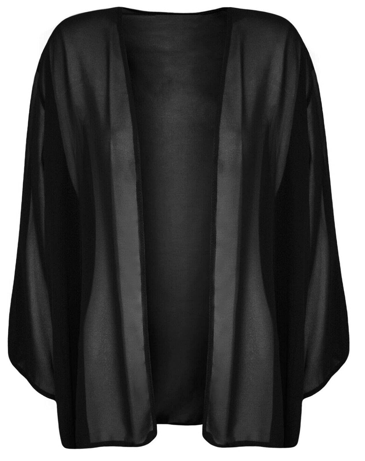 FASHIONISM Ladies 3/4 Sleeve Plain Chiffon Open Front Kimono Cardigan Womens Plus Size Kimono Bolero Shrug Cardigan Size UK 12-26 Black