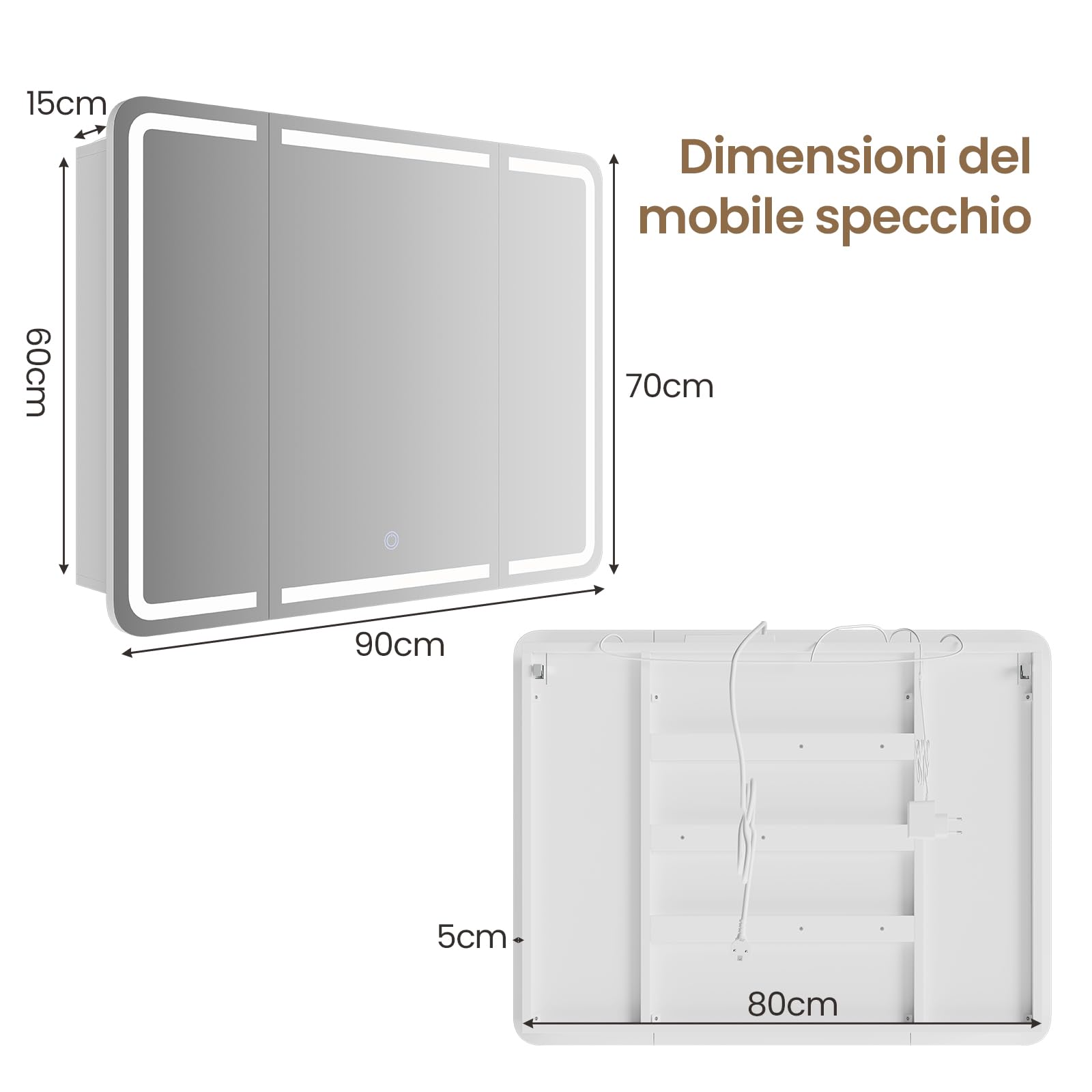 Mobile Bagno Specchio con Luce e Contenitore – Armadietto a Specchio 3 Ante, Larghezza 80 cm – Specchio Bagno LED 3 Colori Dimmerabile – Specchiera Bagno con Ricarica USB+Prese