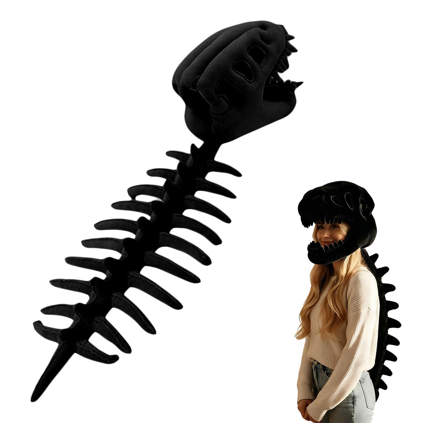 Dinosaur Skeleton Costume, Plush Skeleton Costume for Kids & Adults - Silly Spinosaurus Plush Outfit with 3D Realistic Skull Prop, Cozy Hat with Spine for Halloween Cosplay (Black, Kids（80cm）) — image 1