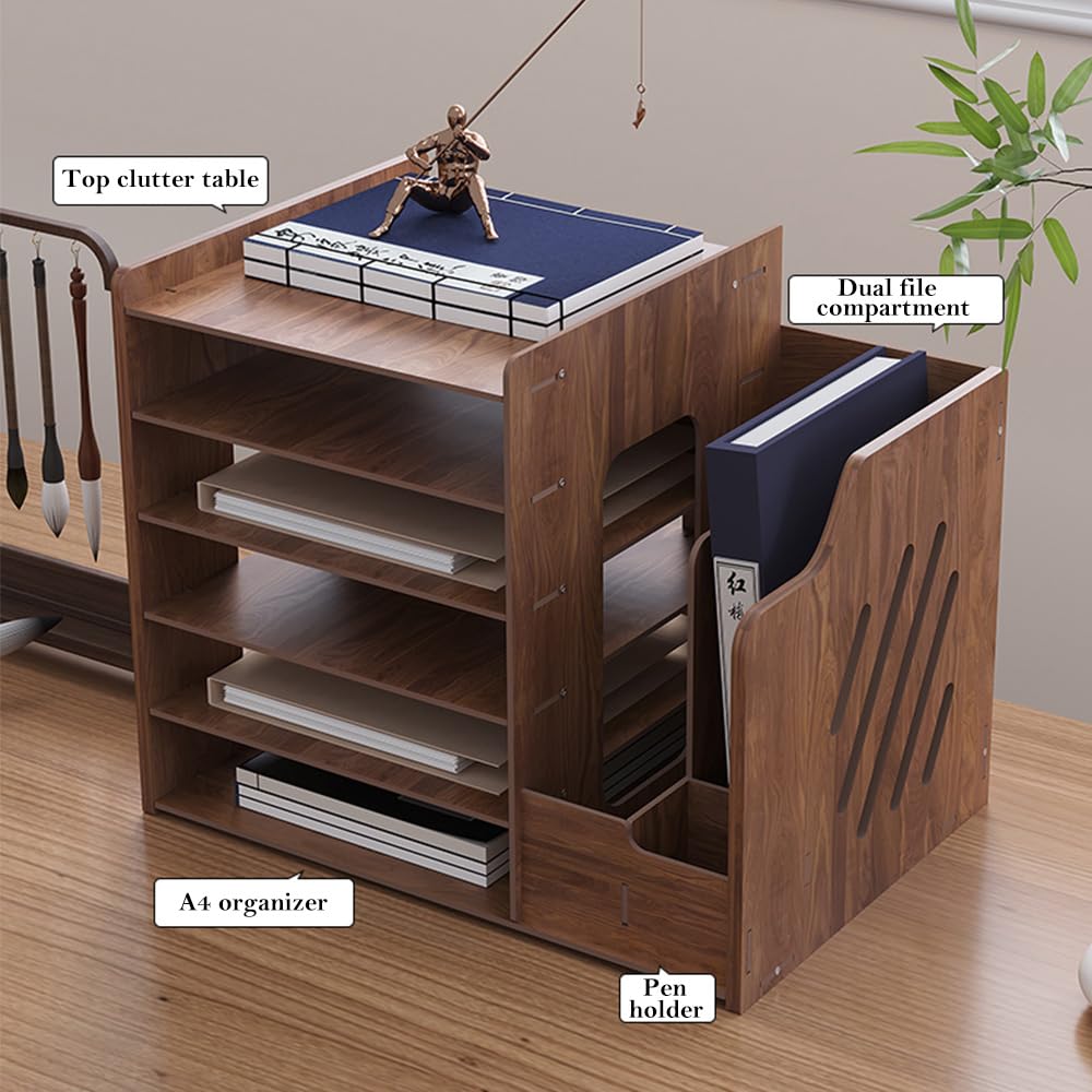 Hggzeg Organizador de escritorio de madera, organizador de archivos y documentos de papel A4, caja de almacenamiento de suministros