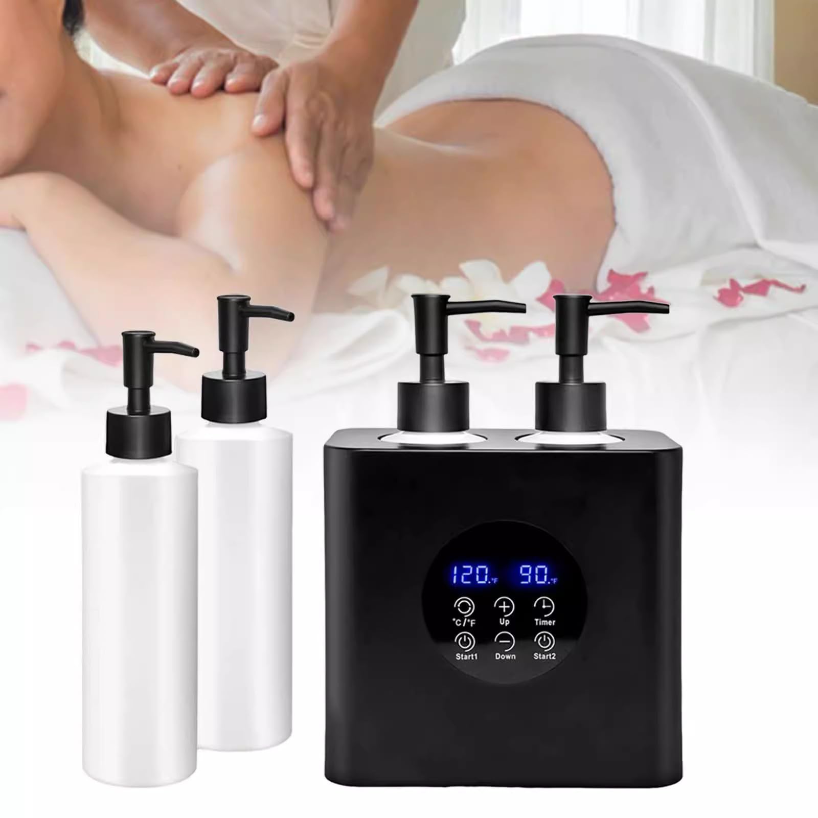 Podgrzewacz do balsamu, elektryczny podgrzewacz olejków do masażu, przenośny dozownik kremu, z 2 butelkami na olej, do użytku w spa, salonie i w domu (Black)