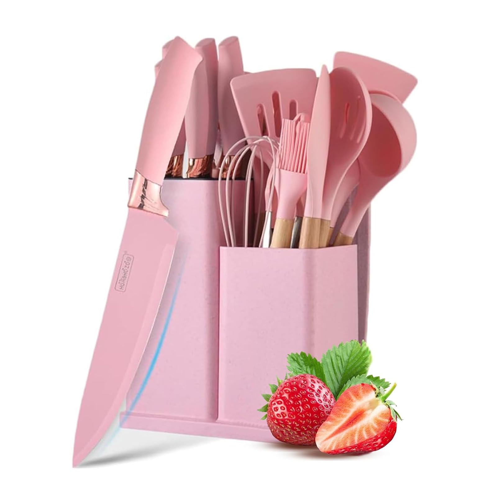 Justup Set di coltelli con blocco portacoltelli, set di coltelli da cucina rosa con blocco, 19 utensili da cucina con 6 set di coltelli e 11 spatola in silicone, utensili da cucina antiaderente con