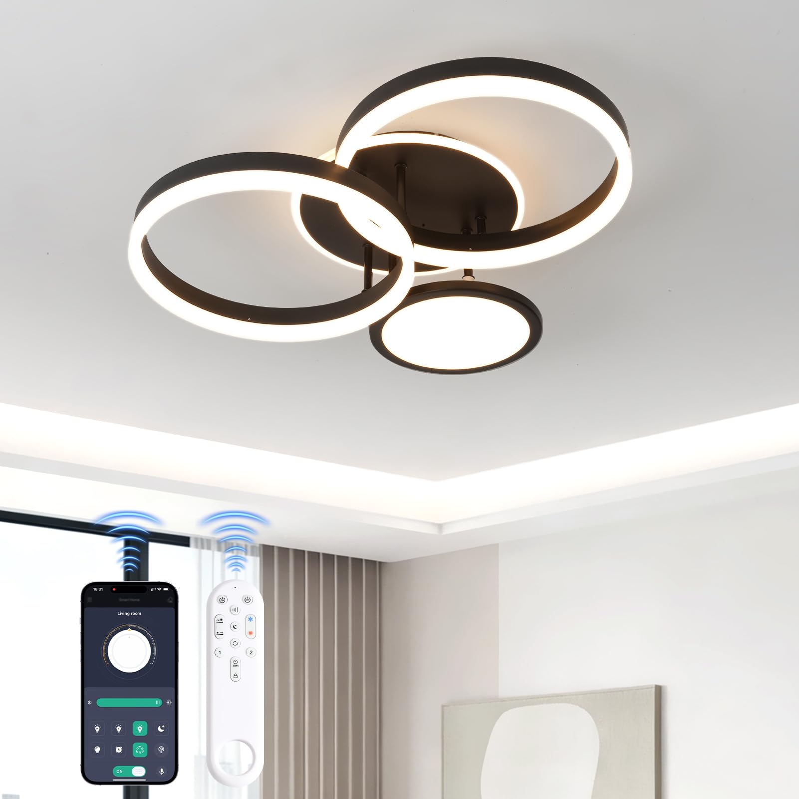 LED Deckenlampe Wohnzimmer 45W Dimmbar Deckenleuchte Schlafzimmer | 54CM 3771LM Moderne Fernbedienung Dimmbar Nachtlicht Memory-Funktion für Esszimmer Küche Schwarz 4-Ringe Design 3000-6500K
