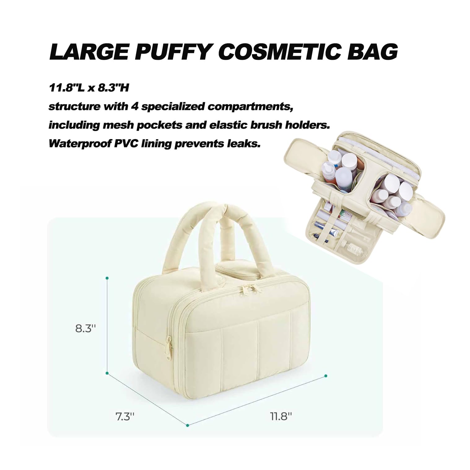Neceser de viaje hinchado para mujer, organizador de cosméticos ligero con compartimentos y asa para húmedo y seco, bolsa de maquillaje grande para artículos esenciales, Beige, Neceser de