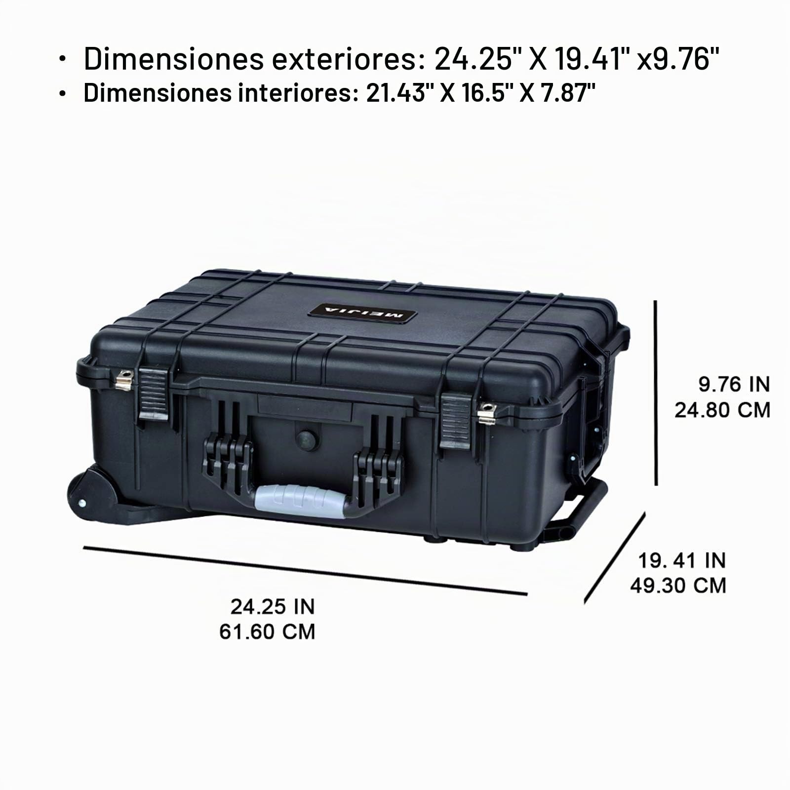 MEIJIA Funda Impermeable de Seguridad con asa retráctil y Ruedas giratorias, Inserto de Espuma, Color Negro Elegante, 24.25"x 19.41"x 8.61"