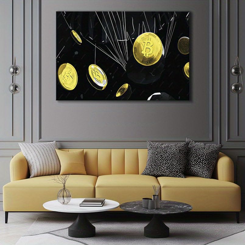 VCBNUGH Decorazione da parete, stampa su tela con monete, arte moderna tecnologica, decorazione per camera da letto/soggiorno (50x70 cm/con cornice)
