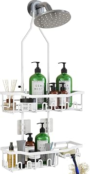 Upgraded Extended Length Shower Organizer with Hooks, Rustproof Shampoo Soap Holder, Large Hanging Bathroom Caddy, White