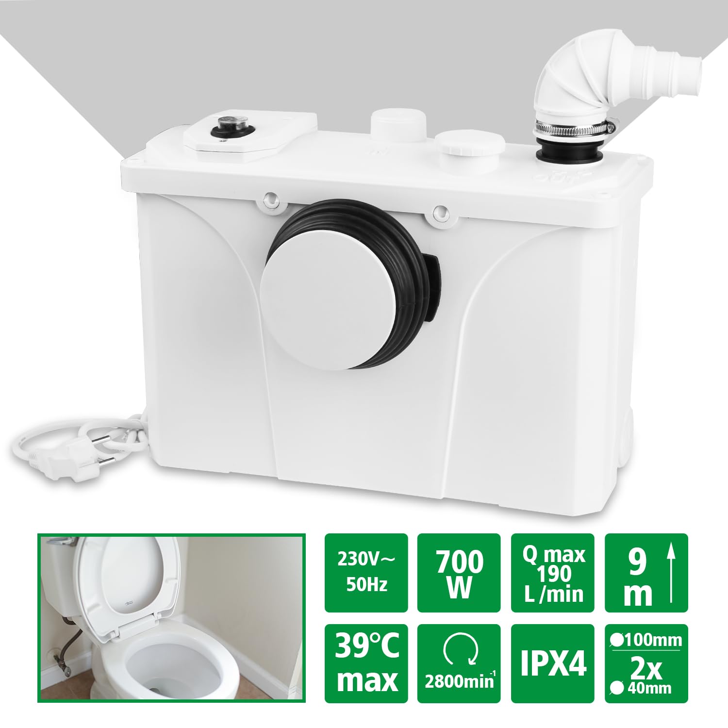 Broyeur Sanitaire 700W Pompe de relevage pour WC, Lavabo, Douche Pompe Eaux Usées,190L/min, avec 4 entrées pour Toilettes Pompes de Relevag