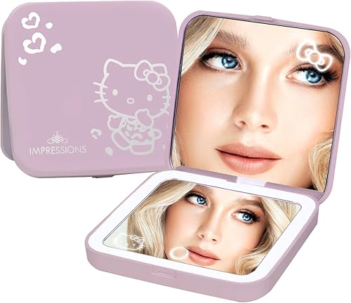Impressions Vanity Hello Kitty - Espejo compacto superlindo con interruptor de sensor táctil para brillo ajustable, espejo de maquillaje iluminado
