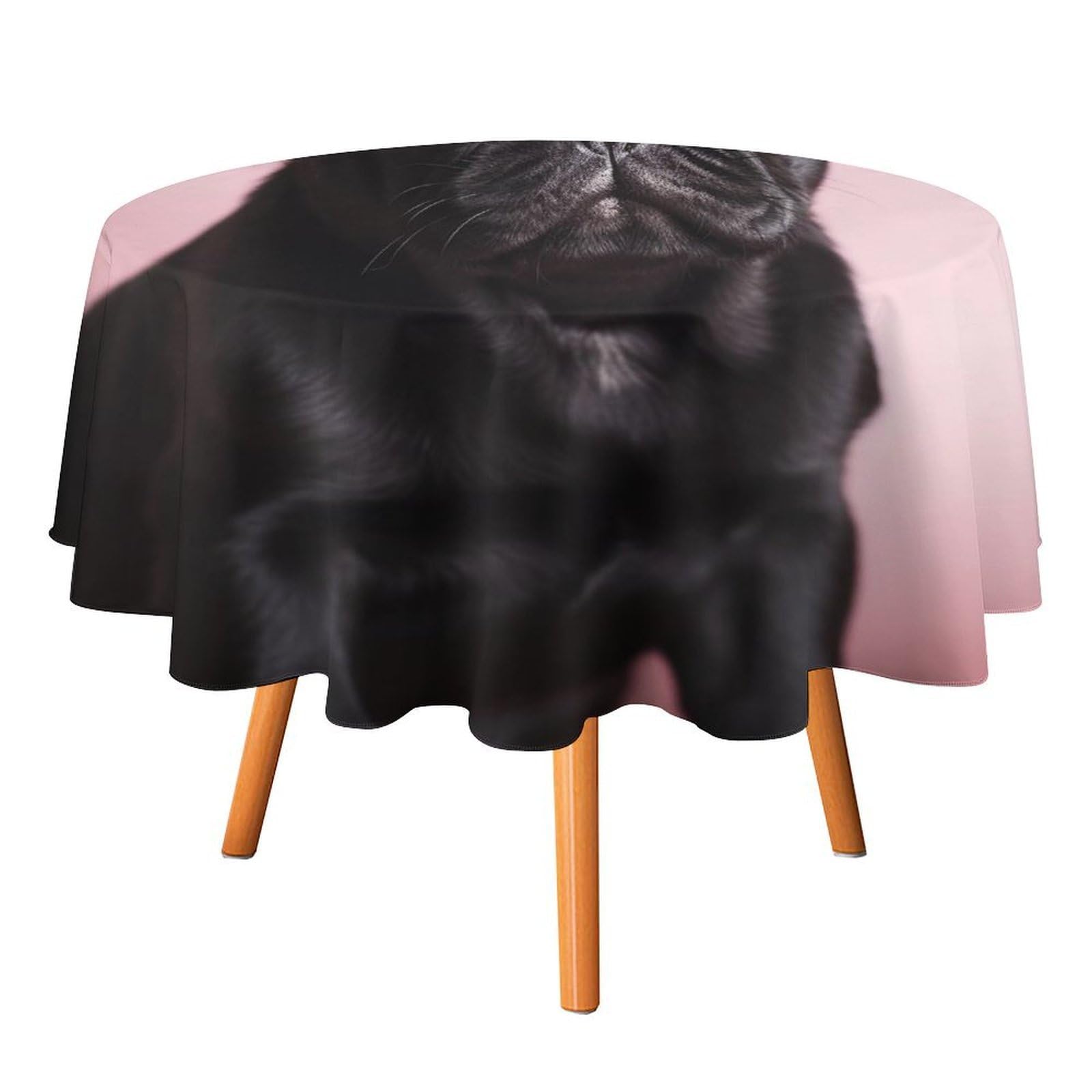 SMAZDFXX Cute Black Pug Tablecloth for Restaurant, Round Polyester Table Cover 50x50in for Party