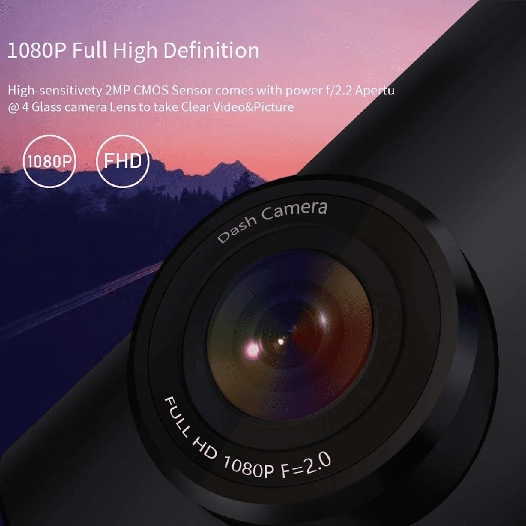 Close-up of ddpai Mini 5 Dash Cam lens with 'Full HD 1080P F=2.0' text.