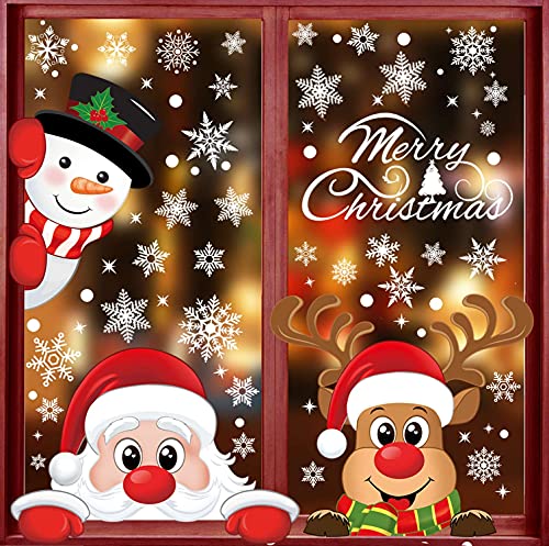 Svanco Fensterbilder Selbstklebend Weihnachten Dekoration Statisch PVC fenstersticker Wiederverwendbar Schneeflocken Aufkleber Weihnachtsmann Süße Elche Fensterdeko 346PCS(Farbe A)