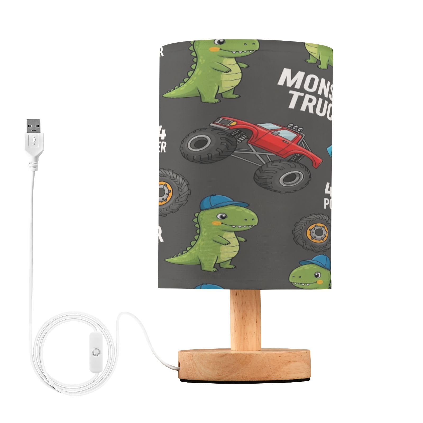 Cgiub Truck Dinosaur Bedside Table Lamp for Bedroom LED Nightstand Lamp with Wood Base & USB Port Linen Shade Desk Light for Nursery Decor