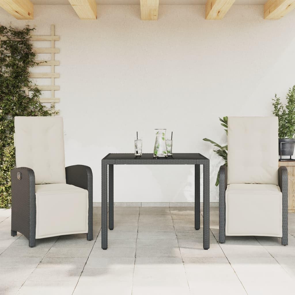 Set da bistrò da 3 pezzi con cuscini neri in polyrattan, sedie da giardino regolabili, tavolo con piano in vetro temperato, resistente alle intemperie, ideale per balcone, terrazza, mobili
