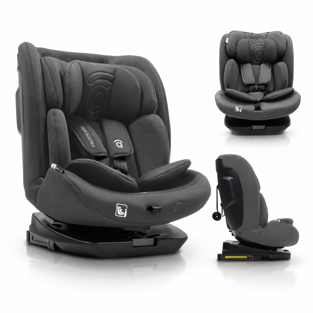 Silla de coche i-Size giratoria 360° con Isofix desde recién nacido hasta 150 cm – Contramarcha hasta 105 cm – Arnés 5 puntos, cojín reductor y funda lavable – Asalvo Protocare Gris