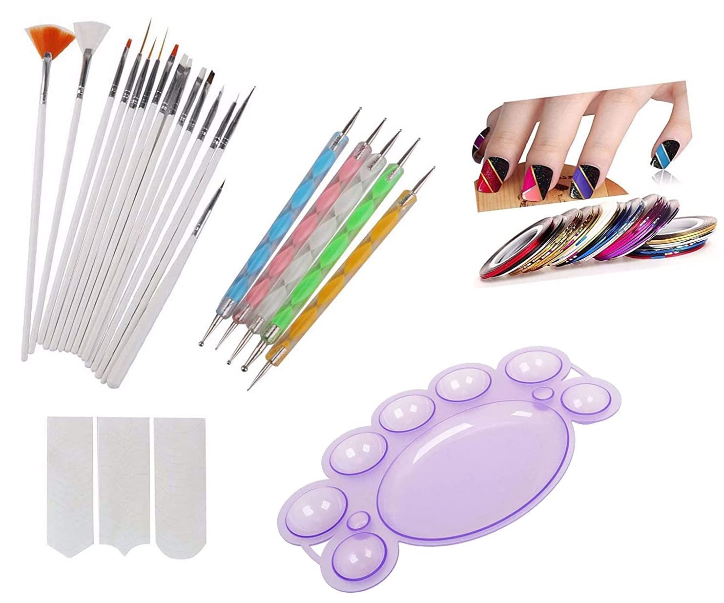 Nail Art Combo Kit, 15 Pc Nail Art Brush Set, 5 Pc Dotting Pen, 5 Pc Nail Striping Round Tape,1 Tip Guide &1 Nail Mixing Plate (Multicolor)-image-6