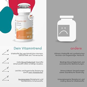 Vitamintrend Vitamin K2 200µg 180 Tablets Swallow-friendly Dietary Supplement Vegan without Magnesium Stearate Made in Germany