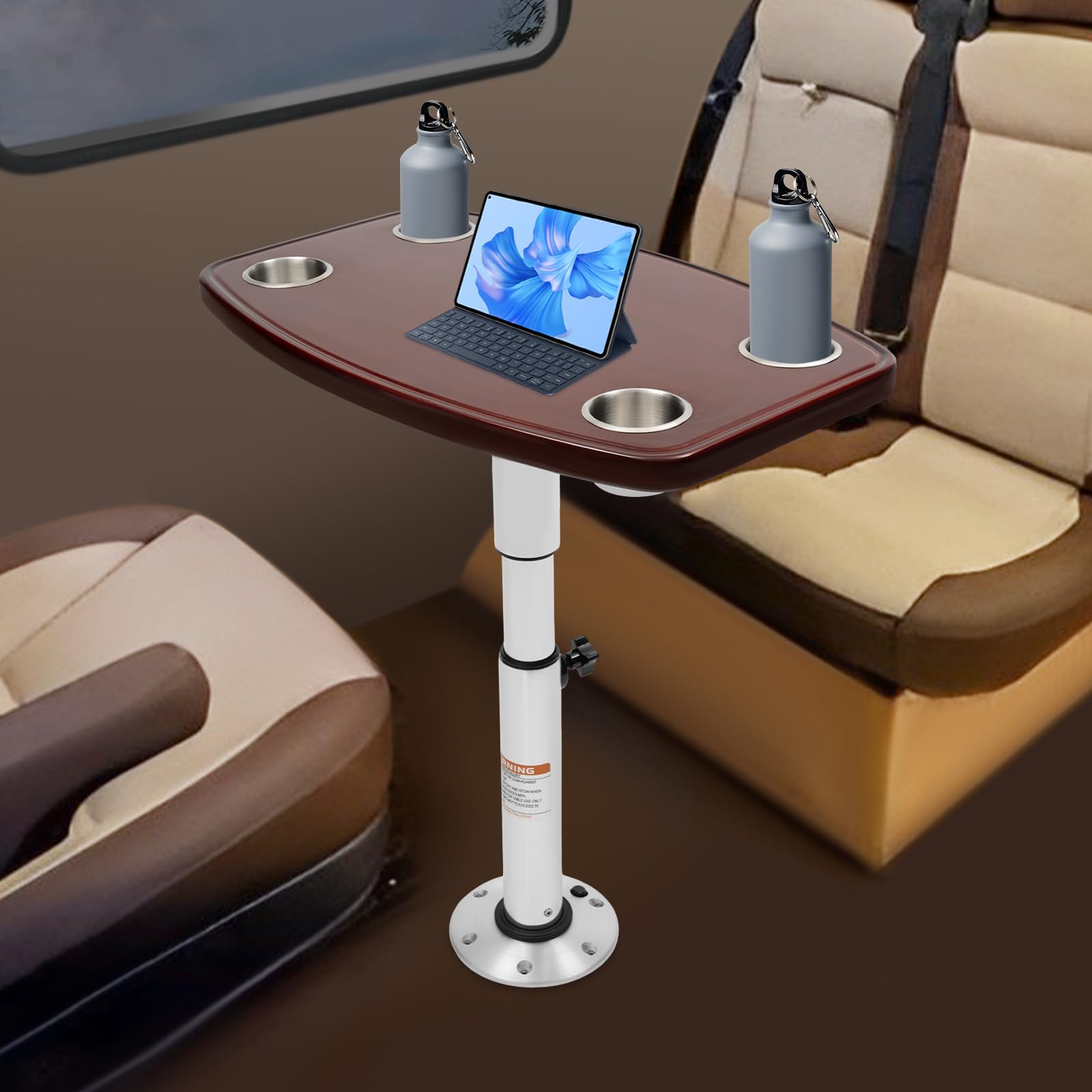 Tavolo Regolabile Per Camper/Barca - 60x38cm, Legno Di Quercia, Base In Alluminio, 4 Portabicchieri - Foto 6