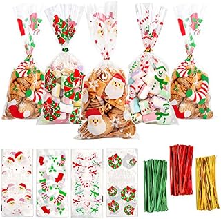 FINGOOO 120 Pieces Christmas Candy Cookie Bags Christmas Cellophane Snack Bags 4 Candy Bags Cookie Bags with Twist Ties for Christmas Party Gift Supplies