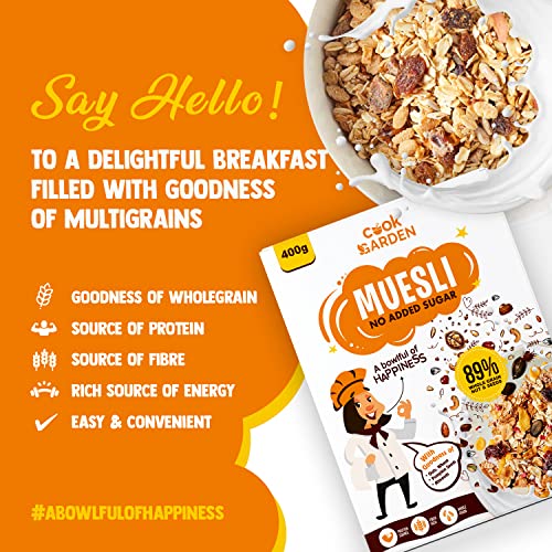 Image of CookGarden No Added Sugar Muesli 400g | Breakfast with 89% Whole Grains, Almond+ Seeds | Rich In Fiber, Protein & Energy
