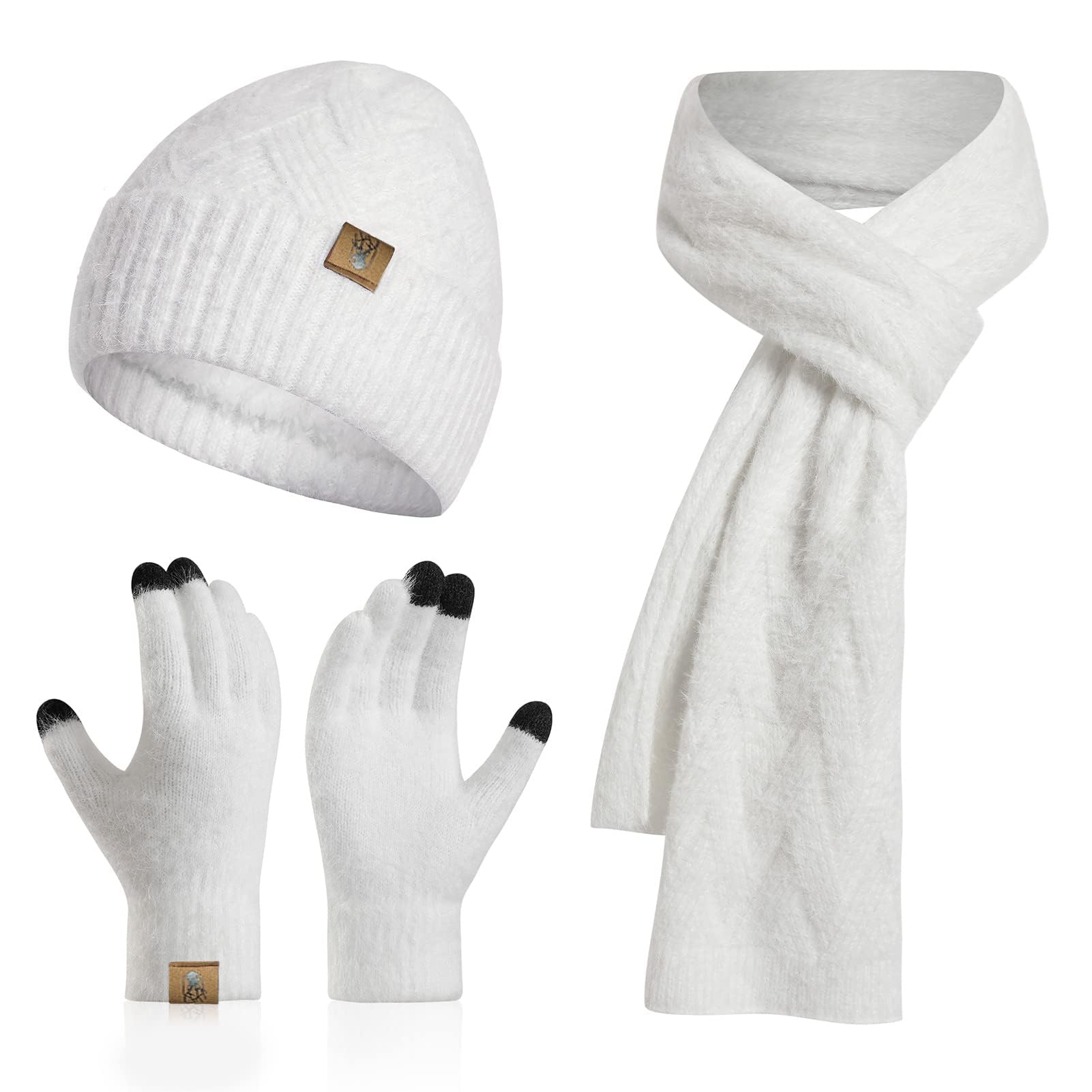 HonnesserryWinter Knit Hat Beanie Scarf for Women with Touch Screen Gloves Set Skull Caps Pompom Hat Neck Scarves for Men